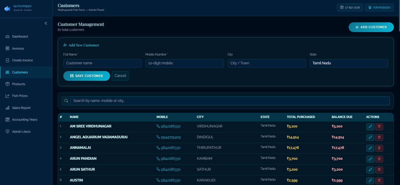 Customer management screen